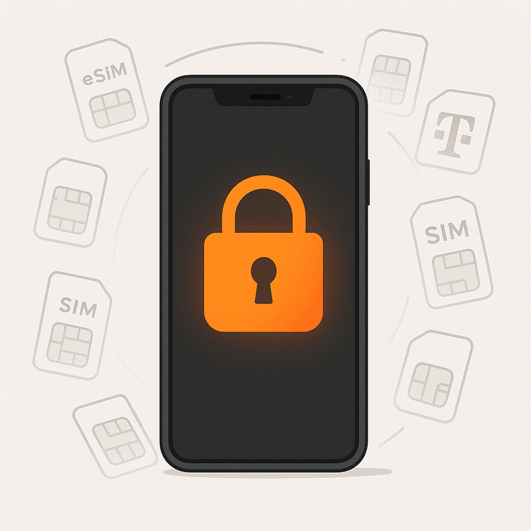 Illustration of a carrier-locked smartphone with a padlock preventing other eSIMs from being used.