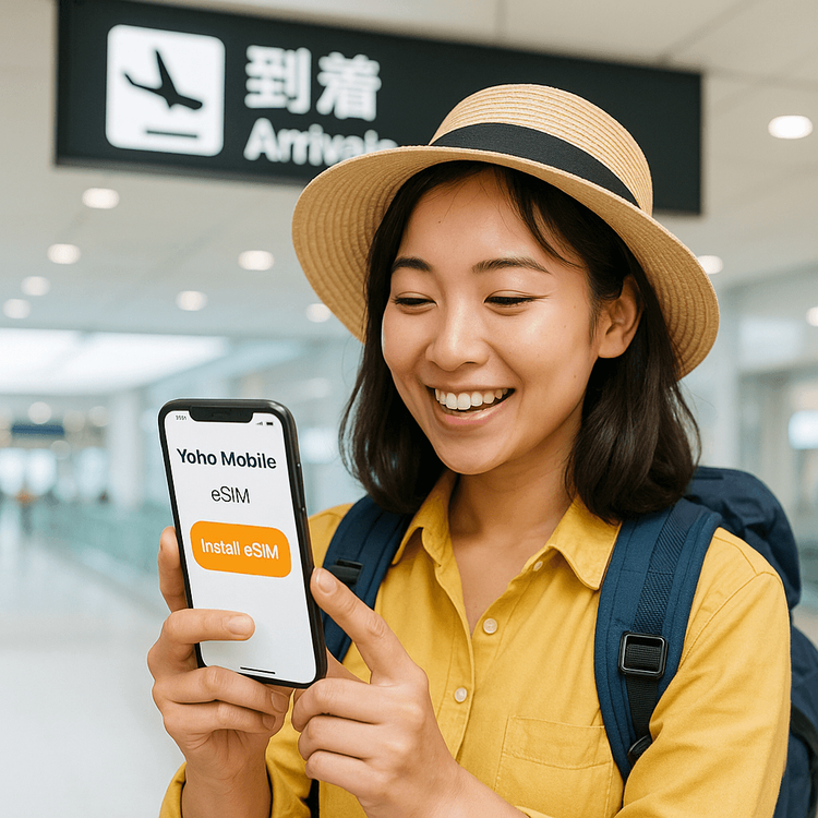 A traveler easily installing her Yoho Mobile eSIM on her smartphone upon arriving at a Japanese airport.