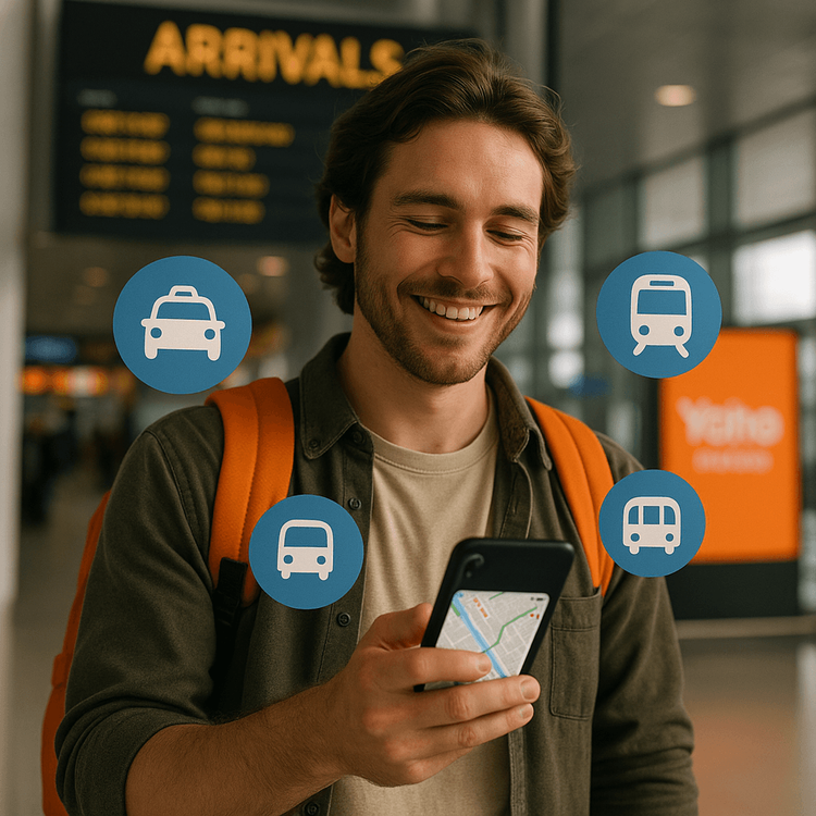 Traveler using their smartphone with data to arrange ground transportation in an airport arrivals hall.