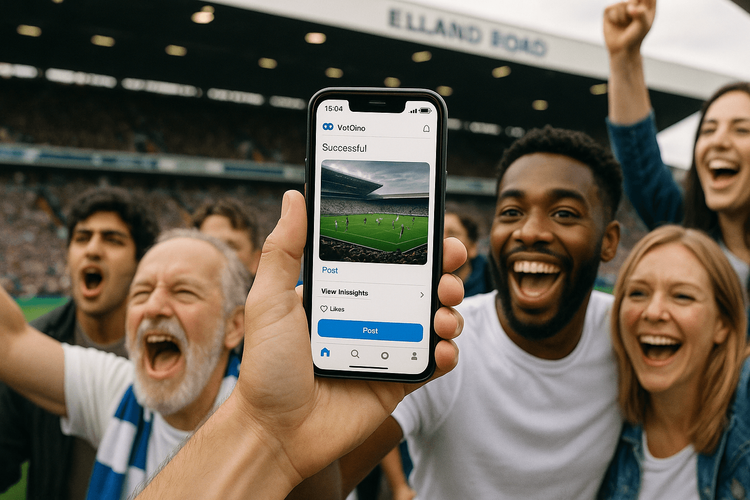 Football fan at Elland Road stadium using a Yoho Mobile eSIM to share photos of the match online with a reliable data connection.