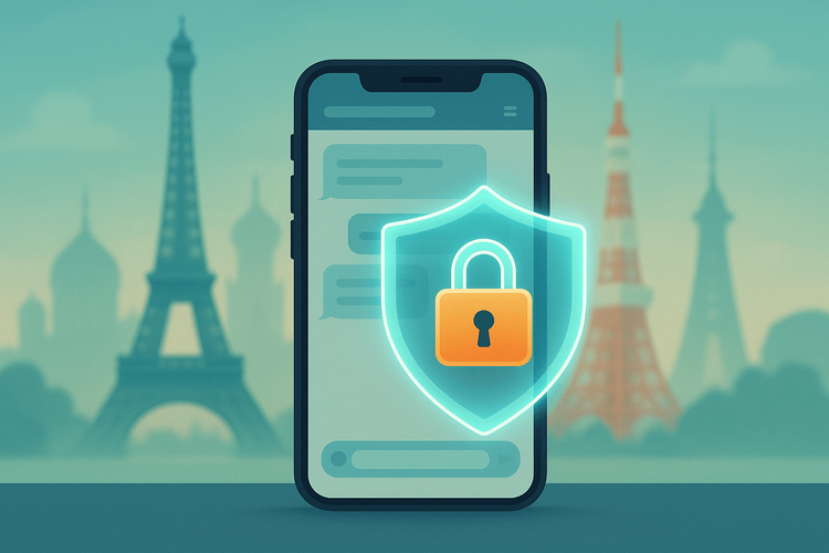 A smartphone with a secure shield and padlock, symbolizing safe communication and data privacy while traveling internationally.