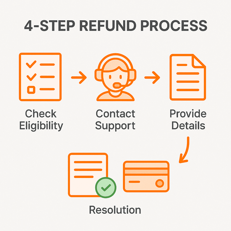 Infographic showing the 4-step Yoho Mobile eSIM refund process: Check Eligibility, Contact Support, Provide Details, and Resolution.