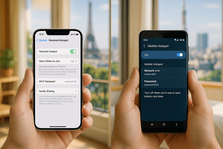 Side-by-side view of the personal hotspot settings screen on an iPhone and an Android device, showing how to activate the feature for an eSIM.