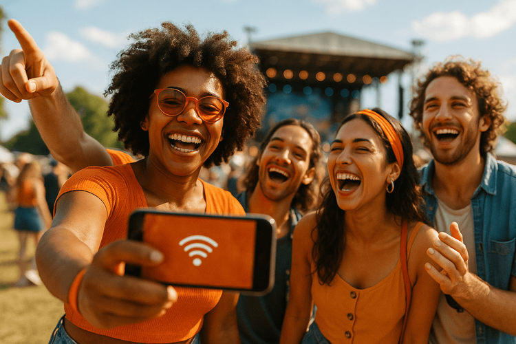 Friends staying connected and sharing moments at a music festival using a reliable eSIM data plan.