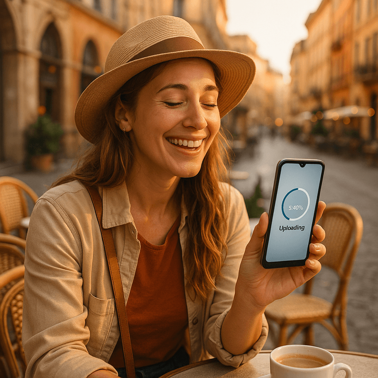 A content creator successfully uploading a video on her phone using a reliable eSIM while traveling in Europe.