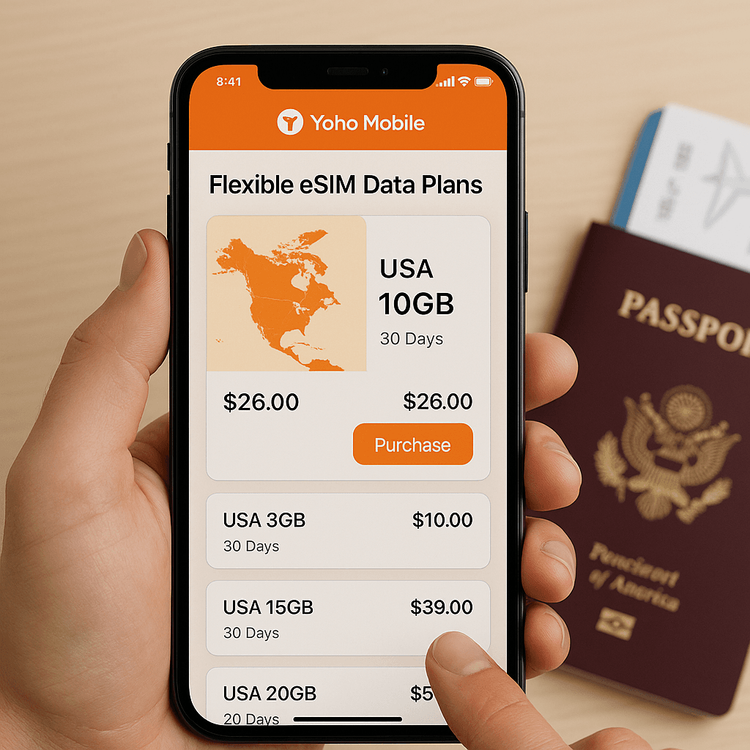 Selecting a Yoho Mobile USA eSIM data plan on a smartphone in preparation for a trip to a tennis tournament.