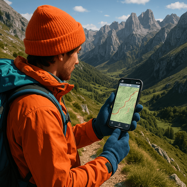 A hiker using a smartphone with a map app for navigation while hiking in the scenic Picos de Europa mountains, Spain.