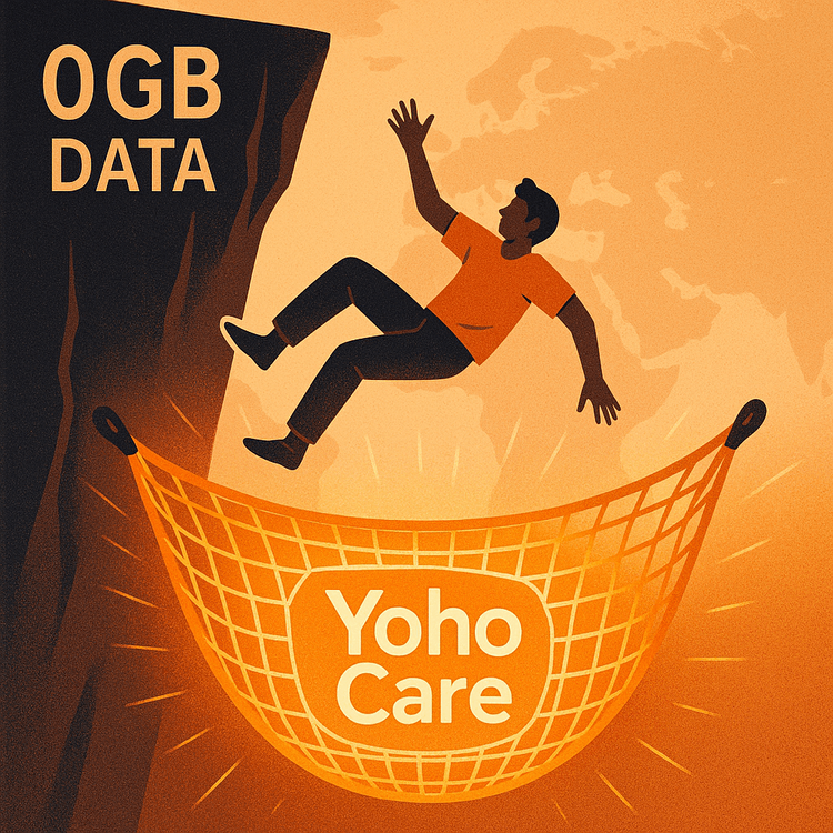 Illustration of the Yoho Care safety net catching a user who has run out of data, symbolizing uninterrupted connectivity.