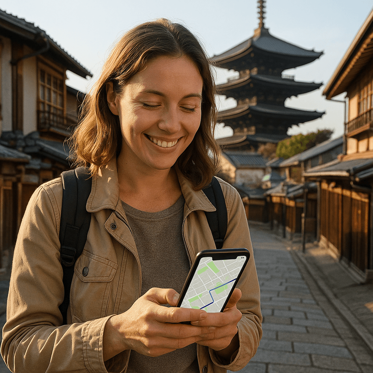 A happy traveler uses her phone for navigation in Japan, demonstrating successful connectivity with her Yoho Mobile eSIM.