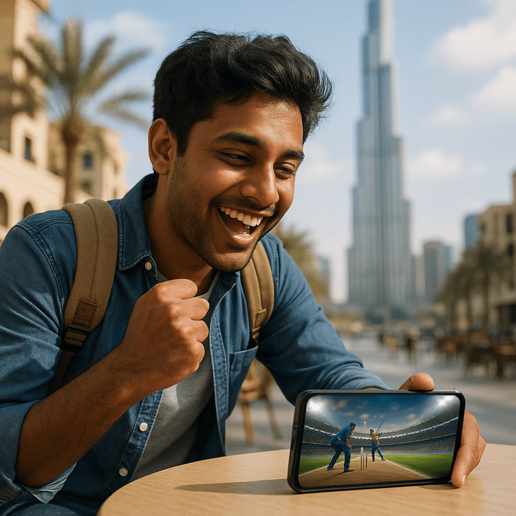 A happy cricket fan watching the Asia Cup live on his smartphone using a Yoho Mobile eSIM while traveling in Dubai.