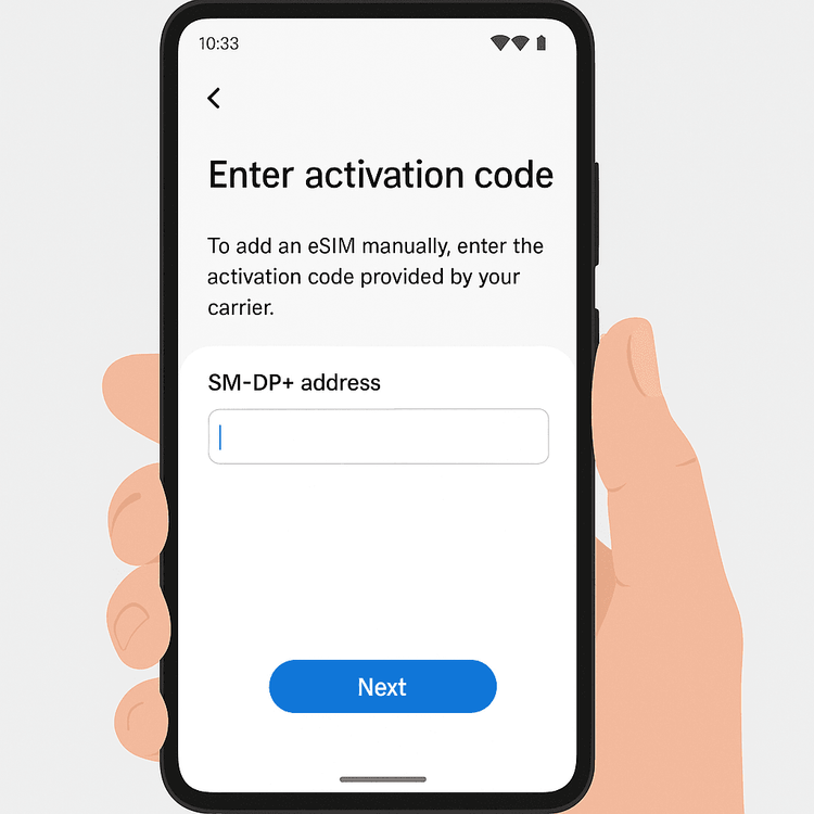 The manual eSIM installation screen on an Android phone, prompting the user to enter their activation code or SM-DP+ address.