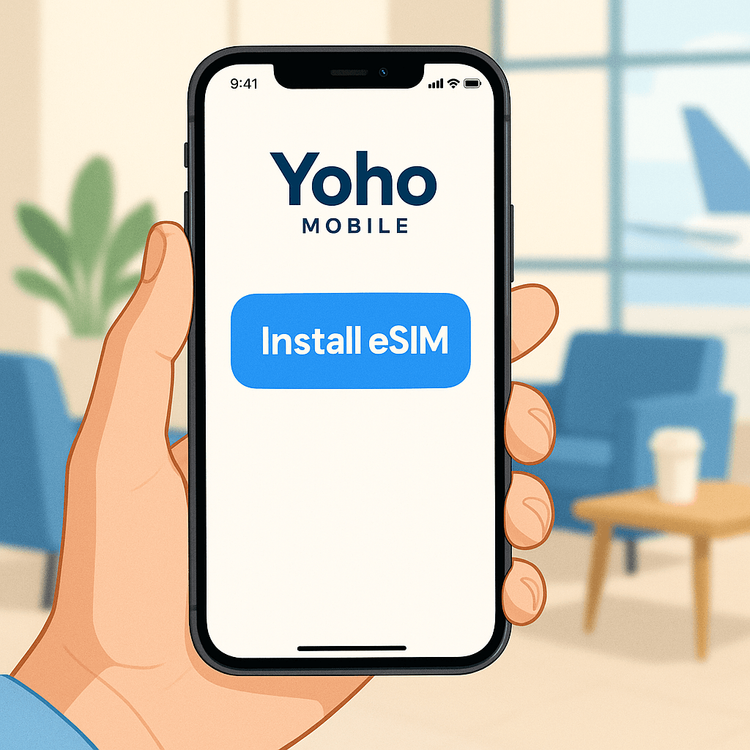 Illustration showing the simple one-tap eSIM installation process for iOS users on the Yoho Mobile app.