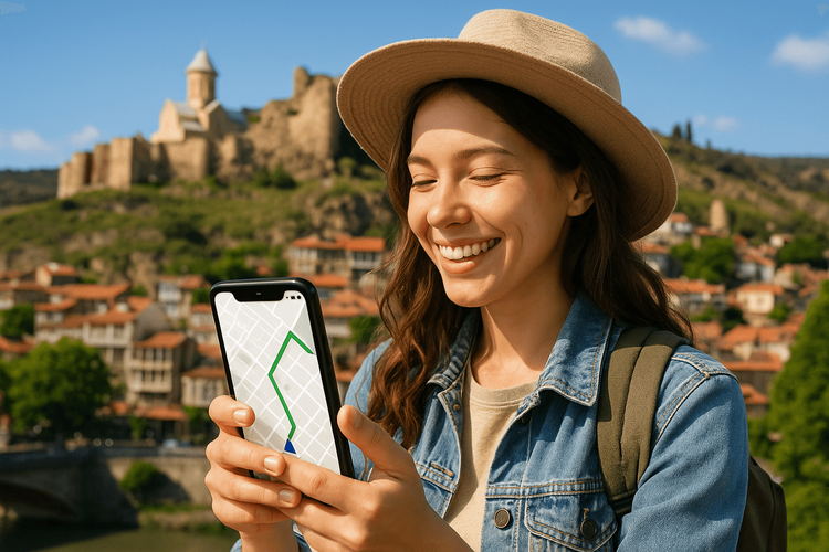 A happy traveler using her phone with a Yoho Mobile eSIM for navigation in Tbilisi, Georgia.