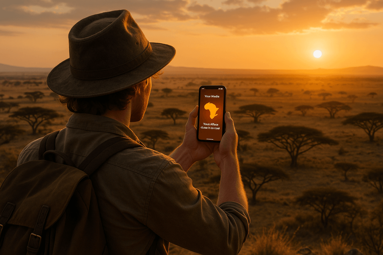 A traveler activating their Yoho Mobile Africa regional eSIM on their smartphone while looking at a beautiful African landscape at sunset.