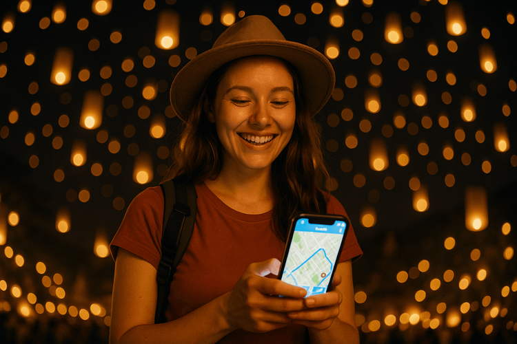 A traveler using a Yoho Mobile eSIM on her phone to navigate during the Yi Peng lantern festival in Chiang Mai.