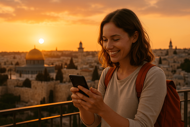 A traveler happily using her smartphone with a Yoho Mobile eSIM while enjoying the view of Jerusalem's Old City.