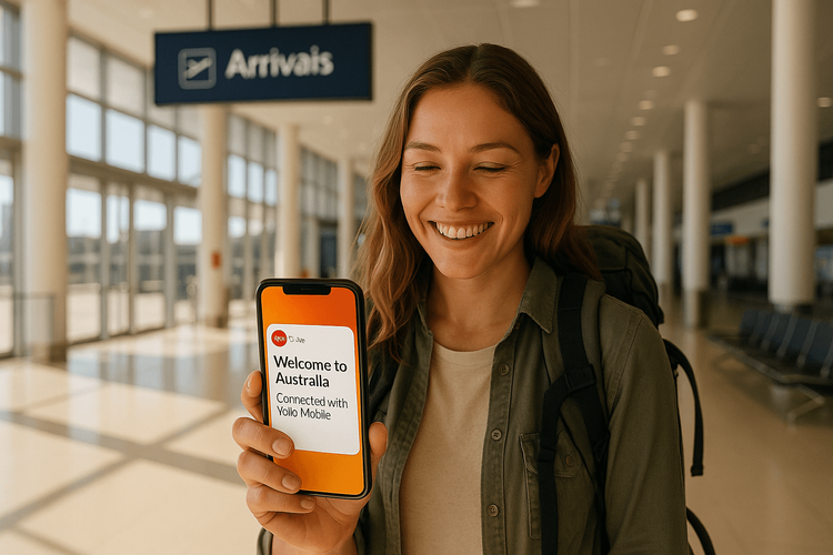 A traveler happily connected to the internet with a Yoho Mobile eSIM upon arrival at Perth Airport.