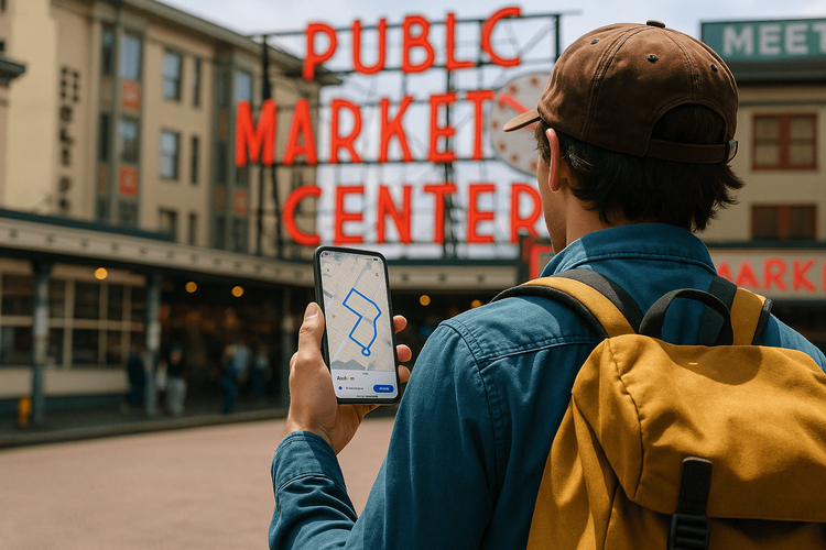 A traveler using a phone with a reliable data plan to navigate the streets of Seattle near Pike Place Market.