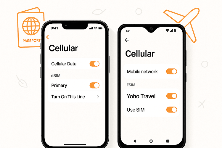 Two smartphones, an iPhone and an Android, showing custom-labeled eSIM plans for easy travel management.