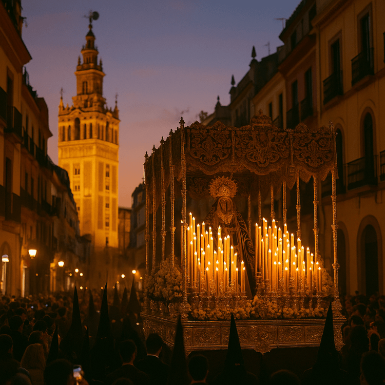 A beautiful, candlelit Semana Santa procession moving through a historic street in Seville, Spain.