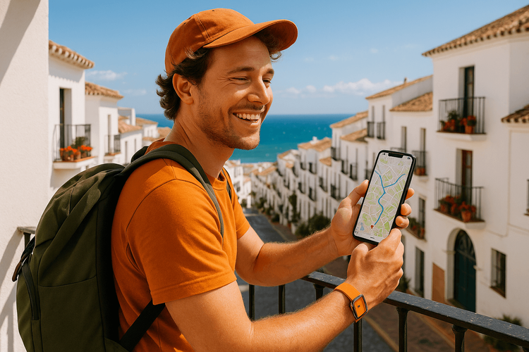 A traveler using a Yoho Mobile eSIM on their phone to navigate a beautiful white village in Andalusia, Spain.