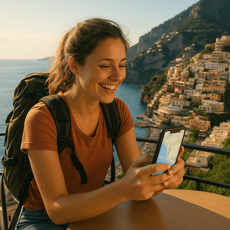A happy traveler using her Yoho Mobile eSIM for navigation at a cafe in Italy, showcasing reliable international connectivity.