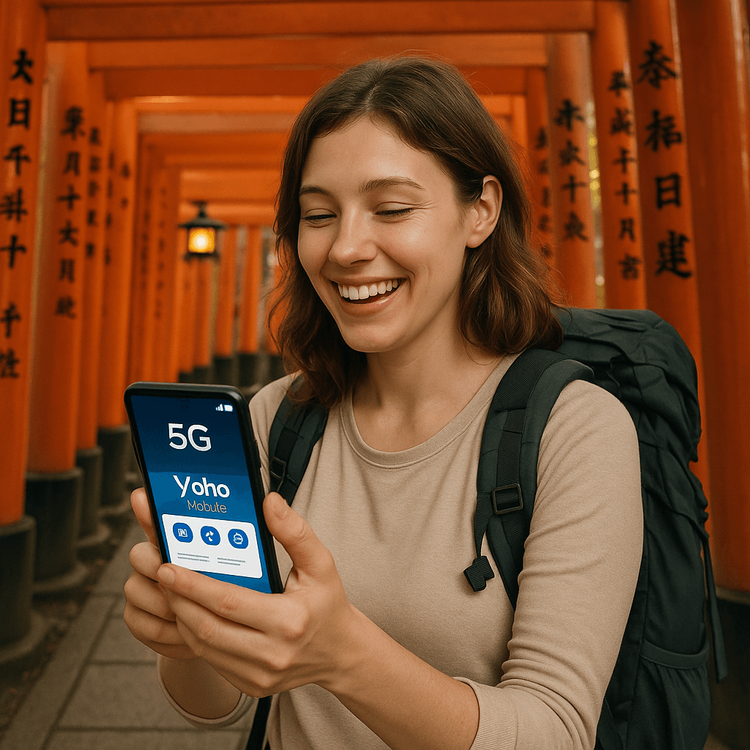 A happy traveler using her Yoho Mobile eSIM for reliable connectivity at the Fushimi Inari Shrine in Japan.