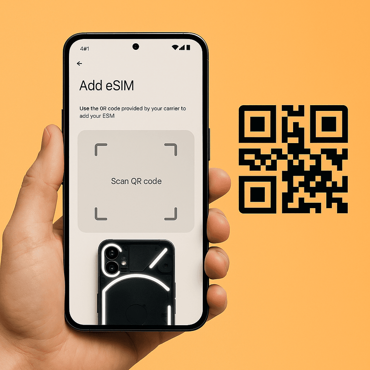 Activating a Yoho Mobile eSIM on a Nothing Phone (2) by scanning a QR code in the Android settings.