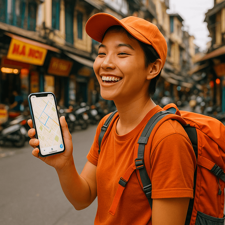 A happy traveler using their phone for navigation immediately after arriving in Vietnam, thanks to a travel eSIM.
