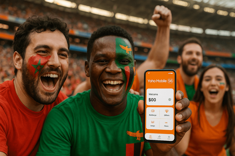 Football fans celebrating at the Africa Cup of Nations while staying connected with a Yoho Mobile eSIM.
