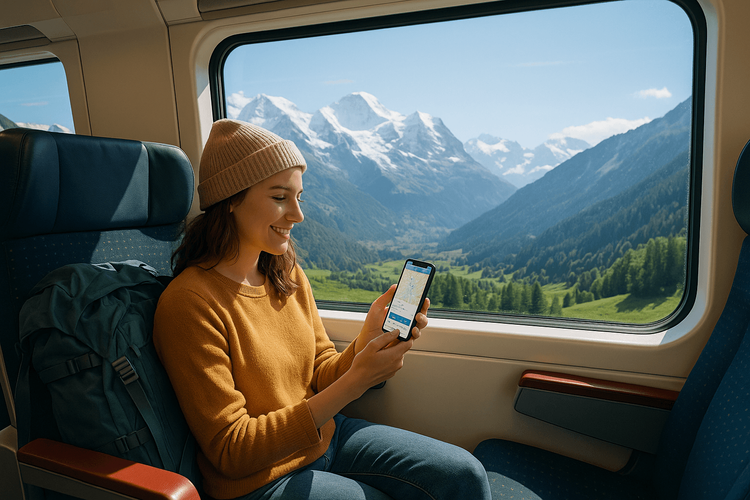 A traveler using a Yoho Mobile eSIM on her phone while enjoying a scenic Swiss train journey through the Alps.