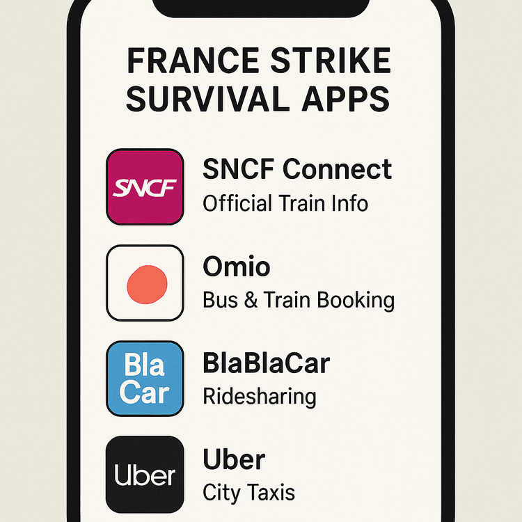 An infographic showing the best apps for navigating a transport strike in France.