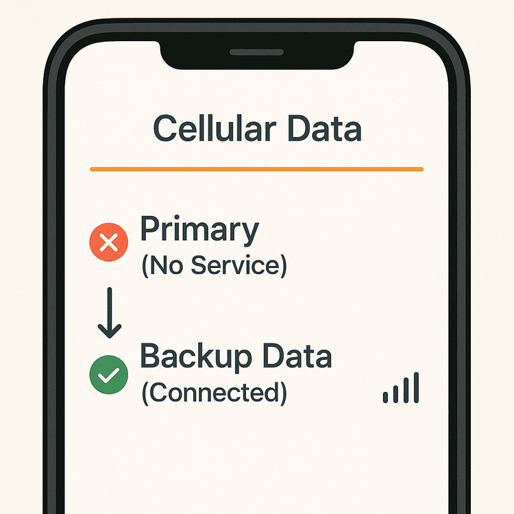 Diagram showing how to switch from a primary SIM with no service to a backup eSIM for data in a phone's settings.