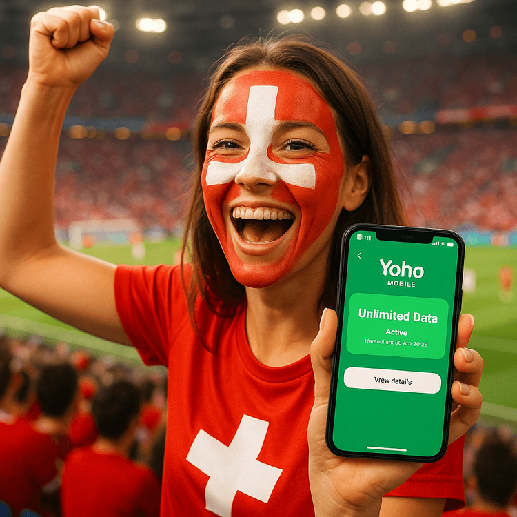 A football fan enjoying the Women's Euro 2025 match, using her phone with a reliable Yoho Mobile eSIM connection.
