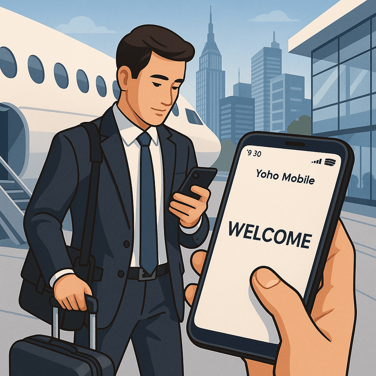 A business traveler gets instant mobile data with a Yoho Mobile eSIM upon landing at an international airport.
