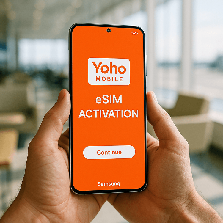 Activating Yoho Mobile eSIM on a new Samsung Galaxy S25 in an airport lounge.