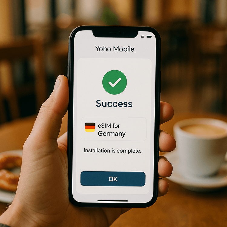 Un voyageur installe facilement une eSIM Yoho Mobile pour l'Allemagne sur son smartphone dans un café à Munich.