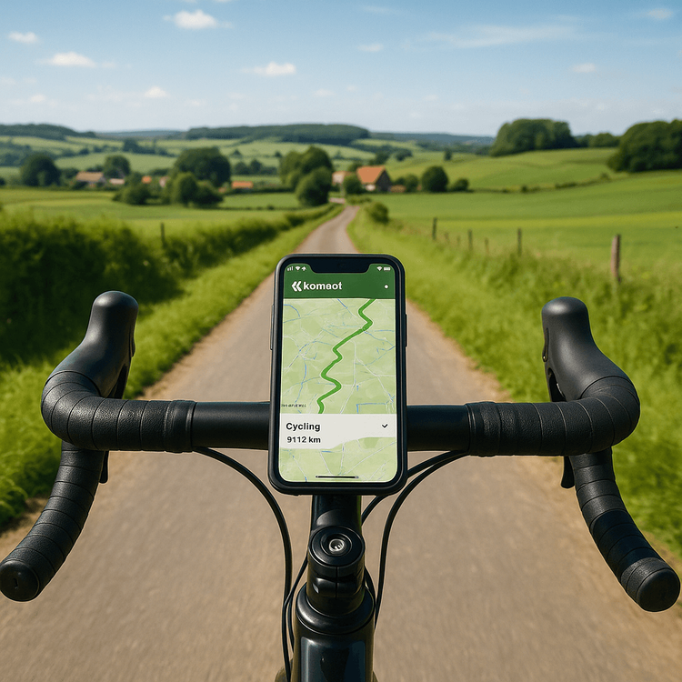 A cyclist's view of a phone with a navigation app on the handlebars, overlooking a scenic Belgian country road.