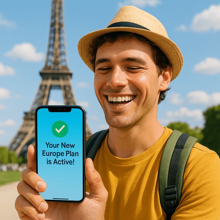 A traveler happy that their new Yoho Mobile eSIM plan is active for their European trip.