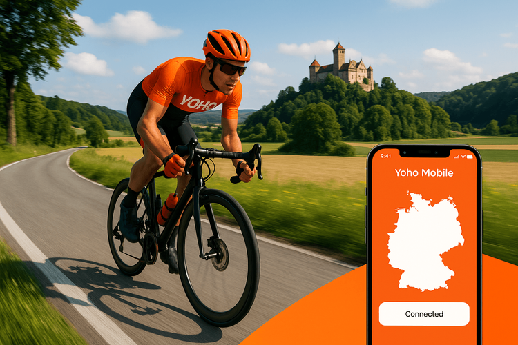 A cyclist on a German road during the Deutschland Tour 2025, staying connected with a Yoho Mobile eSIM.