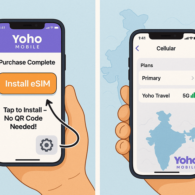Illustration of the simple, one-tap eSIM installation process for iOS users with Yoho Mobile, showing no QR code is needed.