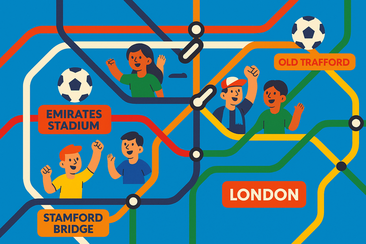 Illustrated map showing London tube lines connecting to major Premier League football stadiums.