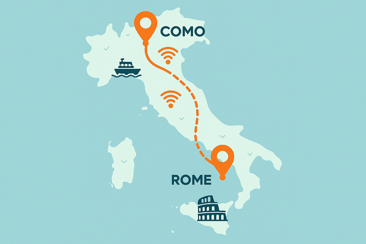 Map of Italy showing a connected travel route from Rome to Lake Como with an eSIM.