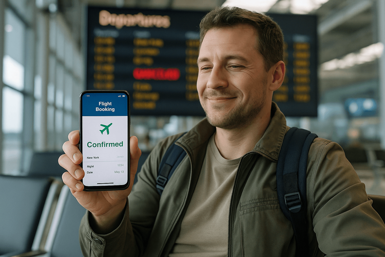 A traveler successfully rebooks a new flight on their smartphone after their original flight was canceled.