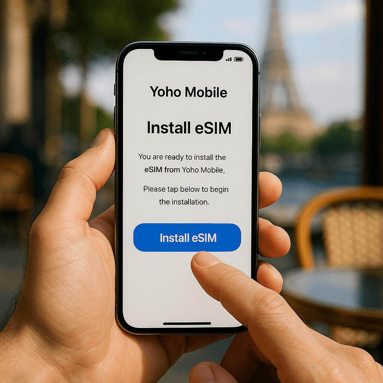 Close-up of an iPhone screen showing the simple one-tap installation of a Yoho Mobile eSIM for iOS users, with a travel background.
