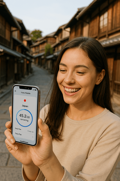 A happy traveler using her Yoho Mobile eSIM for seamless connectivity in Japan.