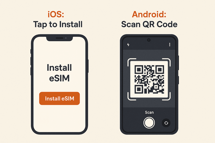 A diagram showing the simple one-tap eSIM installation process for iOS users versus the QR code scan method for Android users.