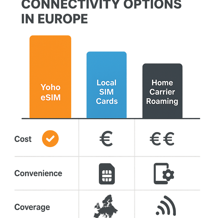 Infographic comparing the cost, convenience, and coverage of Yoho eSIM vs. local SIMs and roaming for European travel.
