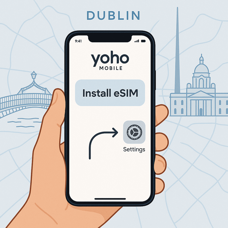 Illustration of the simple one-tap eSIM installation process for iOS users with the Yoho Mobile app, set against a stylized map of Dublin.