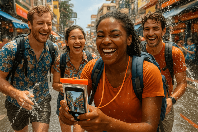 A traveler using a phone in a waterproof pouch during the Songkran festival in Thailand.